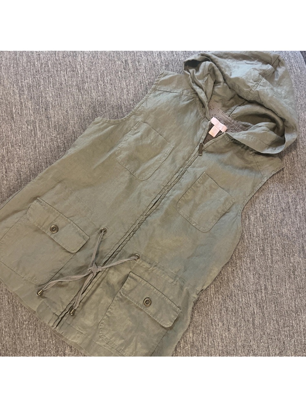 Saint Tropez West 100% linen Sade Green  Hooded  Sleeveless Top Vest Sz M
